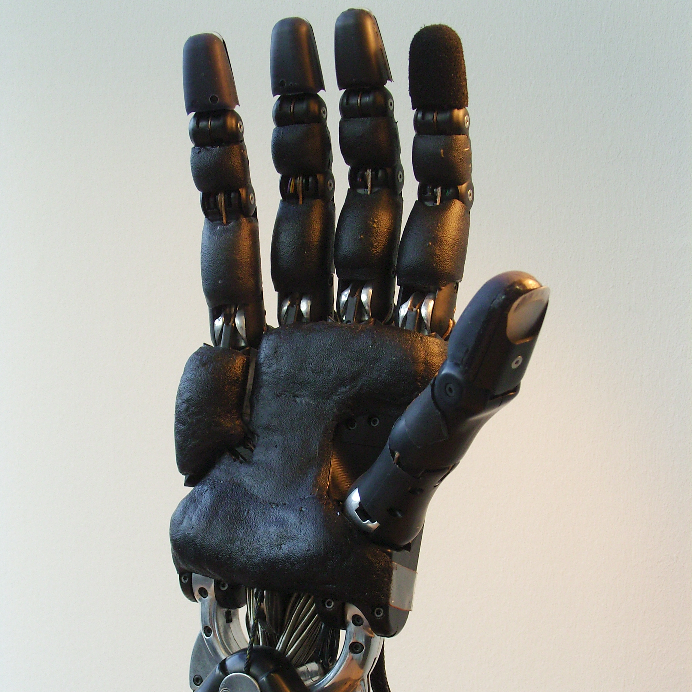 Sensorized Shadow Robot Hand Palm, proximal and middle phalanges are equipped with elastic tactile sensors, Covered with fine structured silicone rubber skin.